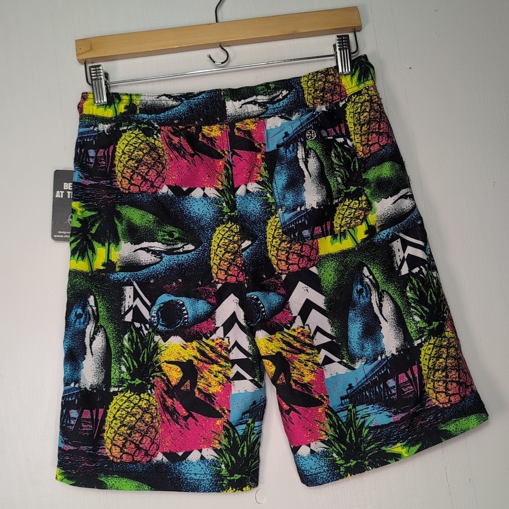 NEW Maui and Sons Boys XL 18 Pool Shorts Swim Trunks Neon Shark Pineapple Print - Picture 2 of 12